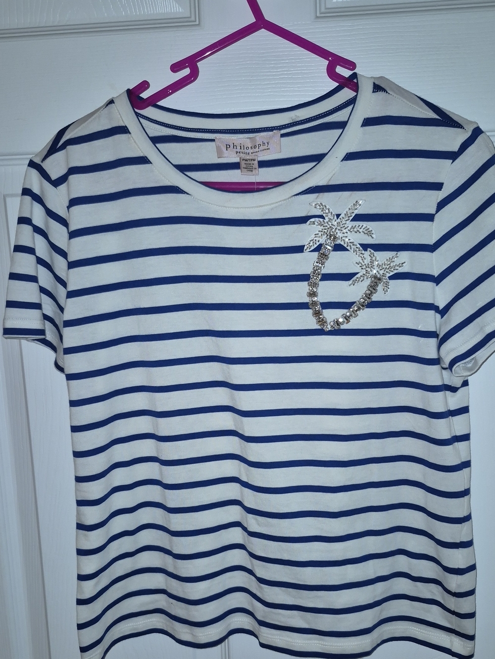 Nwt Philosophy White & Navy Striped Knavy Tee with Sparklng Sequin Palms Adorned